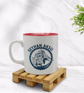BK Gift Kişiye Özel Gemi Tasarımlı İçi Kırmızı Renkli Kupa Bardak Model 1