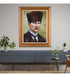Altın Varaklı Çerçeveli Paspartulu Atatürk Tablo z4998 (Gold)