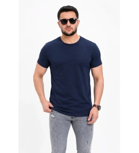 Erkek Basic Tişört Bisiklet Yaka Kısa Kol Günlük Yazlık Slim Fit T-Shirt - Lacivert
