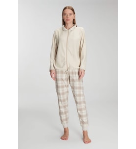 Kadın Bej Fermuarlı Alt Kısmı Ekose Desenli Pijama Takımı (Renksiz)