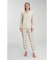 Kadın Bej Fermuarlı Alt Kısmı Ekose Desenli Pijama Takımı (Renksiz)