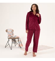 Estiva Yıldız Desen Önden Düğmeli Kadife Bayan Pijama Takım (Bordo)