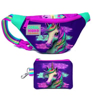Coral High Kız Çocuk Pembe Su Yeşili Unicorn Desenli Bel Çantası ve Bozuk Para Cüzdanı Set