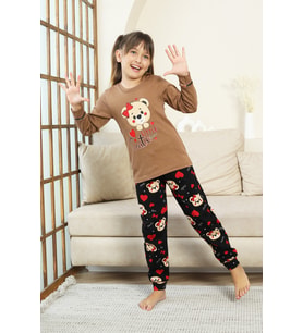 Kız Çocuk Ayıcık Baskılı %100 Pamuk İnterlok Kumaş Pijama Takımı 12347 MODANINO (Kahverengi)
