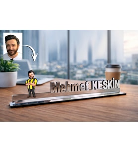 Kişiye Özel Sarı Lacivert Erkek Karikatürlü 30 cm Ayna Pleksi Masaüstü İsimlik - Ofis Hediyesi