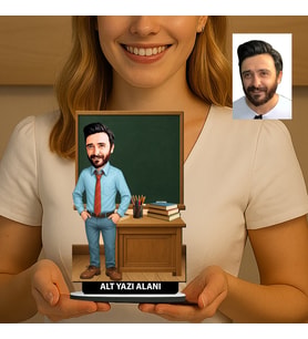 Kişiye Özel Öğretmen Karikatürlü 18 cm MDF Masaüstü Biblo - Öğretmen Hediyesi Öğretmene Özel Hediye