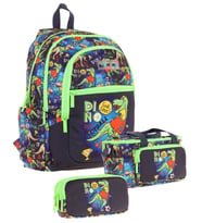 Kaukko Kids Erkek Çocuk İçin Siyah Yeşil Renkli Dinazor DesenliÜçlü Okul Çanta Kombinasyonu