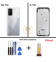 Infinix Note 8 Gümüş Uyumlu Lensli Orta Kasa + Yapıştırıcı ve Vida Seti Full Kasa Kapak Gövde