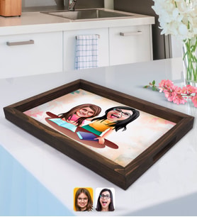 BK Gift Kişiye Özel Anne Kız Karikatürlü Doğal Ahşap Tepsi-1