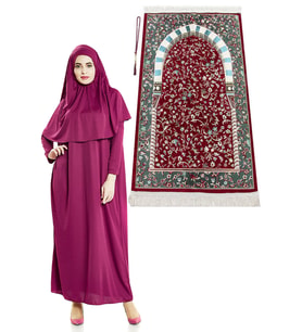 Fuşya Namaz Elbisesi - Ravza Motifli Seccade ve Tesbih - İbadet Seti (Haki)