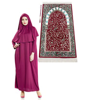 Fuşya Namaz Elbisesi - Ravza Motifli Seccade ve Tesbih - İbadet Seti (Haki)