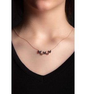 Siyah Zirkon Taşlı Rose Altın Kap. Kelebekli Gümüş Kolye 925Ayar                