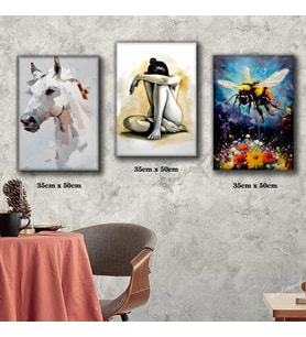 at kadın arı suyu boya efectli tablo 3 adet 35cmx50cm kumaş baskılı canvas tablo