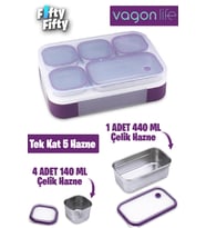 Vagonlife Lunch Box 1000 ML (Sızdırmaz,Karışmaz 5 Hazneli) Yeni Nesil Sefer Tası -FFLBOX40097 (Mor)