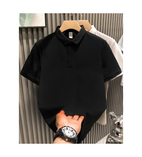 Yakası Düğmeli Yakalı Pike Düz T-Shirt - Siyah