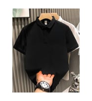 Yakası Düğmeli Yakalı Pike Düz T-Shirt - Siyah