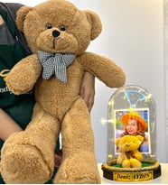 Kişiye Özel Premium Hediye Seti  Led Işıklı Fanus ve 80cm Büyük Boy Kahve Peluş Ayıcık (Model 3)