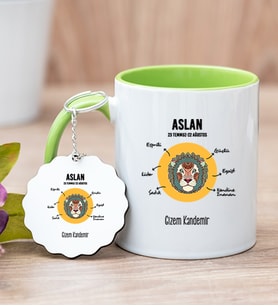 Kişiye Özel Aslan Burcuna Hediye Yeşil Kupa Bardak ve Anahtarlık
