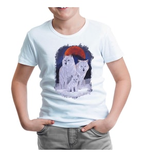 A Wolf Family in front of a Red Moon Scene Beyaz Çocuk Tshirt