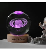 Kişiye Özel Büyük Boy Işıklı Ahşap Kaideli Satürn Cam Küre 8cm (Silver)