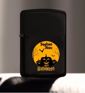 BK Gift Kişiye Özel Happy Halloween Tasarımlı Renkli Baskılı Siyah Benzinli Metal Çakmak-3
