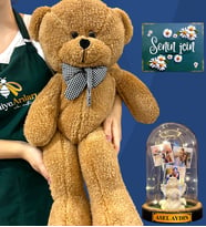 Kişiye Özel 3 Fotoğraflı, İsimli Led Işıklı Fanus ve Büyük Boy Kahve Peluş Ayıcık (Model 2)