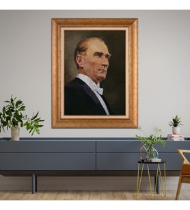 Altın Varaklı Çerçeveli Paspartulu Atatürk Tablo z4605 (Gold)