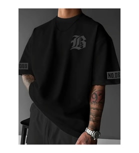 Baskılı Oversize Bisiklet Yaka T-shirt - Siyah