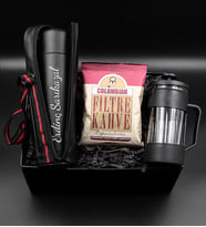 Kişiye Özel 500 ML Deri Çantalı Siyah Çelik Termos & Siyah French Press & Colombian Taze Filtre Kahve Hediye Seti