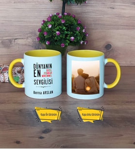 Sevgiliye Hediye Kupa Bardak Sarı Fotoğraflı Sevgililer Günü Hediyesi