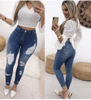 Kadın Yüksek Bel Düğmeli Yırtık Kot Pantolon (Mavi)