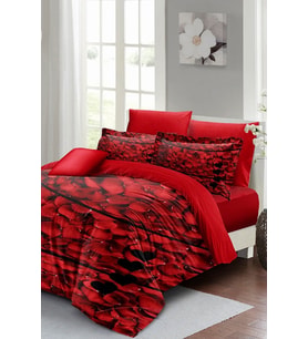 Çift Kişilik ( Lastikli Çarşaflı ) Sevgililer Günü Nevresim Takımı % 100 Pamuk Saten Rose Feather