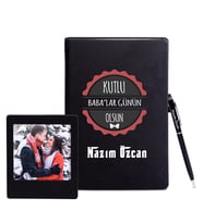 Babalara Özel Deri Defter & Metal Tükenmez Kalem + Ahşap Çerçeve Hediye (Siyah)