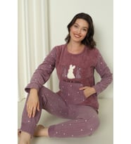 Fawn 04-3302 Peluş Welsoft Polar Kışlık Yumoş Tavşanlı Kadın Pijama Takımı (Lila)