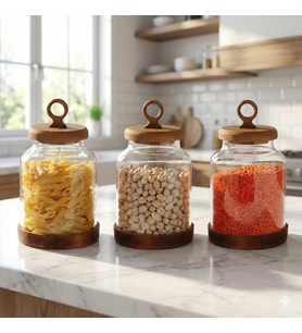 AmberHaus 3'lü Ring Serisi Akasya Kapaklı ve Tabanlı Borosilikat Cam Kavanoz Seti - 1100 ml Vakumlu Bakliyat ve Kurabiye Saklama Kabı (20x11.5 cm)