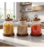 AmberHaus 3'lü Ring Serisi Akasya Kapaklı ve Tabanlı Borosilikat Cam Kavanoz Seti - 1100 ml Vakumlu Bakliyat ve Kurabiye Saklama Kabı (20x11.5 cm)