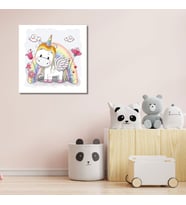 Tekli Kare Kanvas Kız Çocuk Odası Gökkuşağı ve Unicorn Tablo