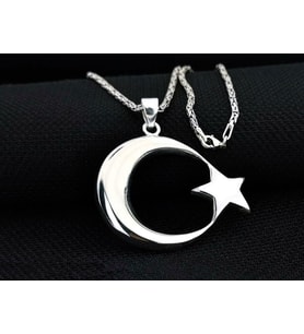 Büyük Boy Şanlı Ay Yıldızımız Tasarımlı Kral Zincirli 925 Ayar Gümüş Kolye