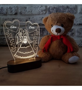 Kişiye Özel Gelin Damat 3D Led Tasarım Gece Lambası ve Sevimli Ayıcık