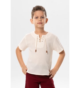 Kısa Kol Şile Bezi Zımbalı Yazlık Erkek Çocuk Tshirt Krem 3002