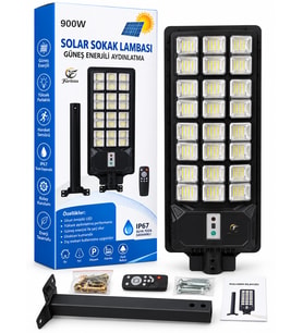900W Solar Sokak Lambası Güneş Enerjili Hareket Sensörlü Uzaktan Kumandalı IP67 LED Aydınlatma