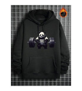 Nevermind Unisex Sporcu Panda Baskılı İpli Kapüşonlu Oversize 2 iplik (Siyah)