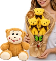 Sevimli Peluş Maymunlu ve Büyük Boy Peluş Ayıcık Buketli Muhteşem Hediye Seti