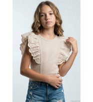 Breeze Kız Çocuk Tişört Güpürlü Çiçek & Yaprak Nakışlı 6-12 Yaş, Bej