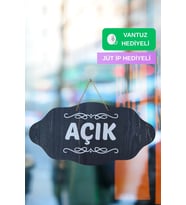 Dekoratif AÇIK-KAPALI Tabelası – Jüt İp ve Vantuz Hediyeli - Rebap (Naturel-Siyah)