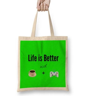 Funny Coffee AND GIMING CAT Drinks Lover Gift Quote Bez Çanta Uzun Saplı