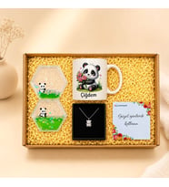 Kişiye Özel Panda Kupa Bardak Panda Kum Saati & Panda Kolye Hediye Kutusu