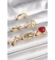 Pirinç Gold Renk Sarmal Modl Zirkon Taşlı Sarmal Detay 6'Lı Kadın Yüzük Seti (Altın)