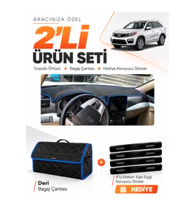 e-biz KİA SORENTO (2009-2014) Uyumlu Torpido Örtüsü + Deri Bagaj Çantası Seti - Siyah-Mavi - KI019