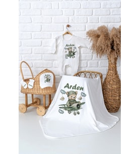 Pia Baby Premium  %100 Pamuk İsme Özel Erkek Bebek Hastane Çıkışı Bebek Hediye Seti 500005 (Ekru)